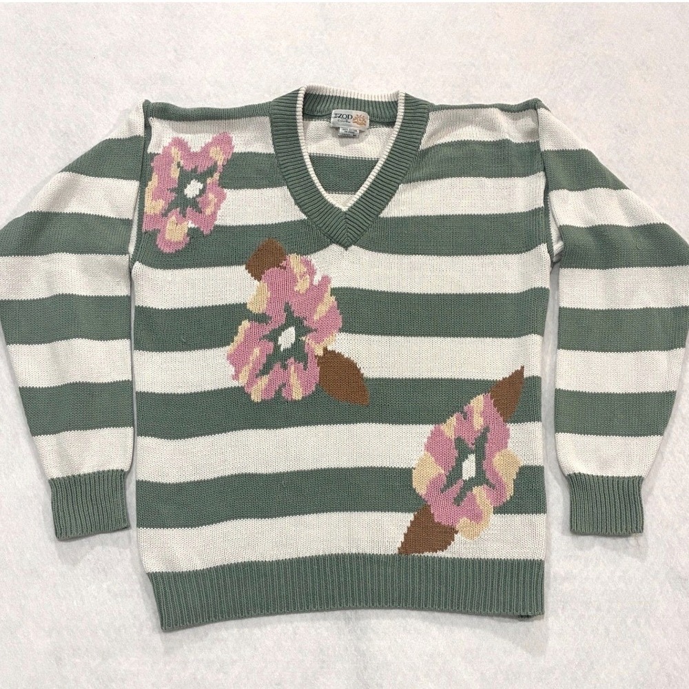 Vintage 80s Izod Club V-Neck Sweater Cotton Stripe Floral Knit Sage Green  M